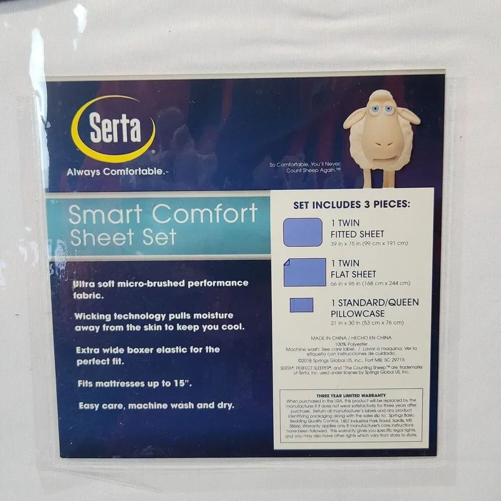 SERTA 3 Piece Twin Sheet Set White Smart Comfort Wicking